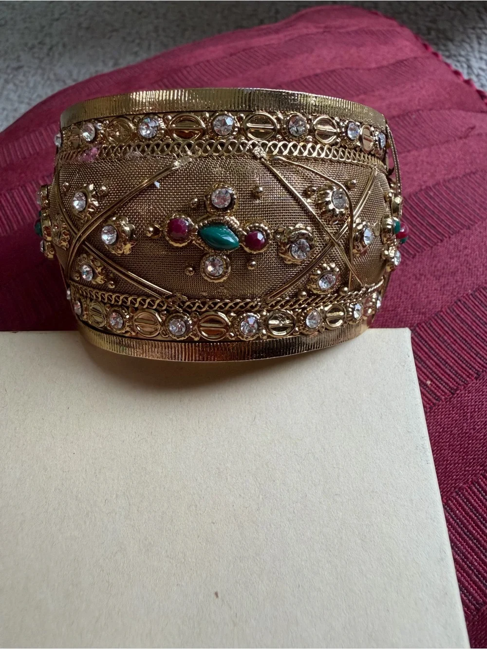 Vintage Etruscan Style Gold Tone Wide Cuff Bracelet Rhinestone Cabochon